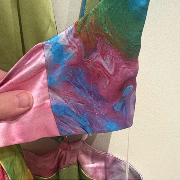 AKIRA Free Spirit Satin Maxi Dress Abstract Rainbow NWT Size Medium - Picture 11 of 12